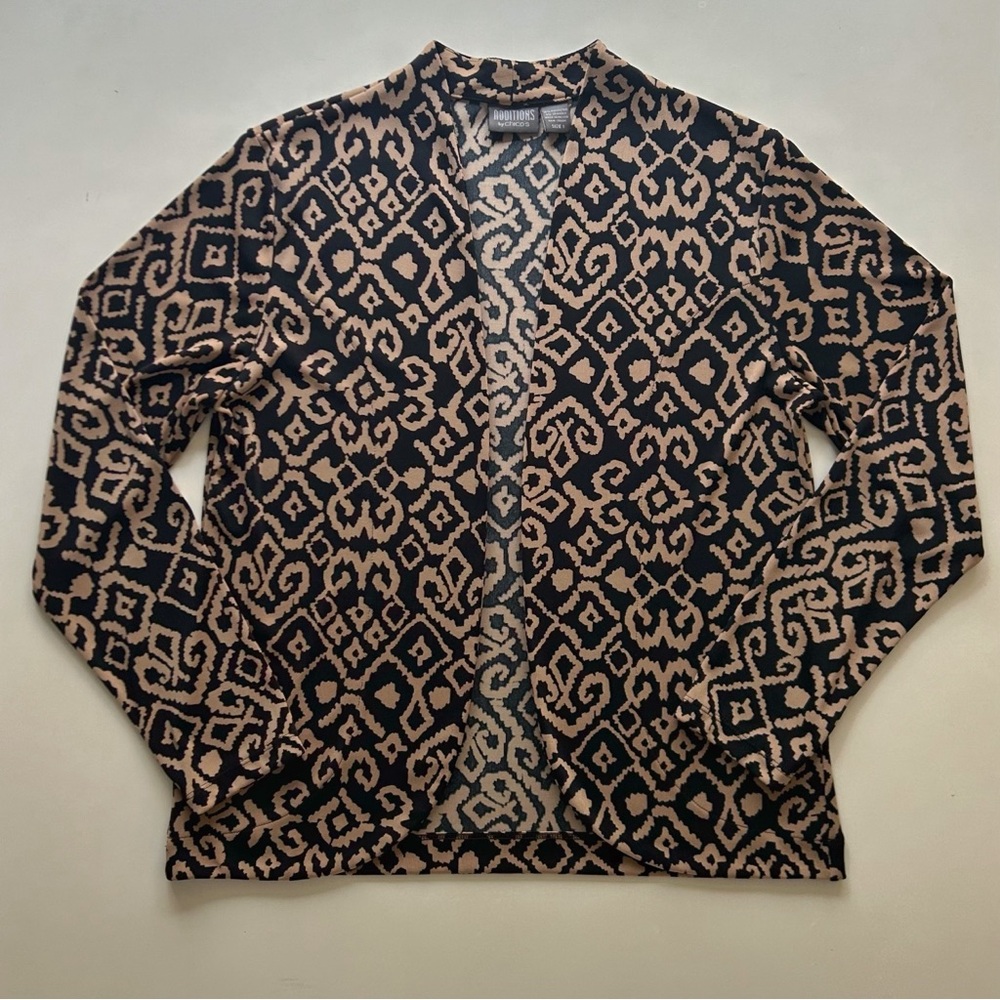 Chico’s Tan Black Geometric Open Cardigan Lightweight Size M fall/winter Layer